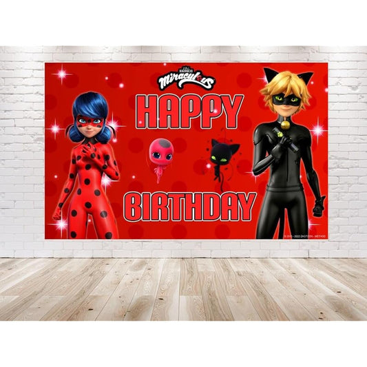 5x3ft Miraculous Ladybug Backdrop for Birthday Party Decoration, Cartoon Miraculous Ladybug Backdrop for Themed Birthday