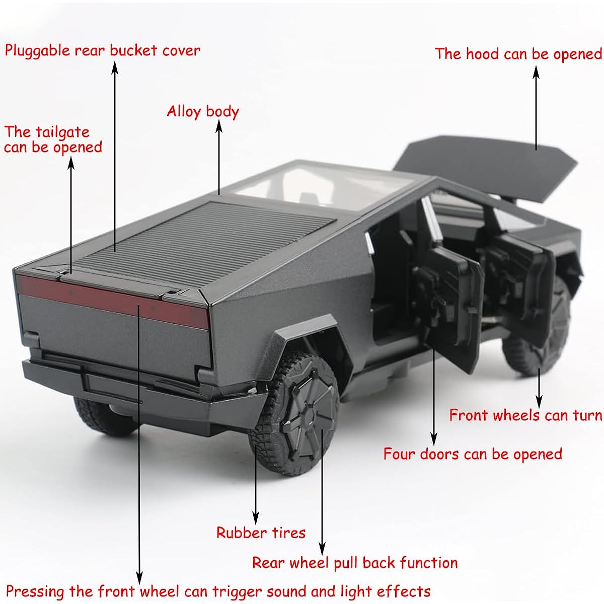 Toy Trucks Cybertruck Pickup Black Model Alloy Diecast Vehicle with Sound and Light