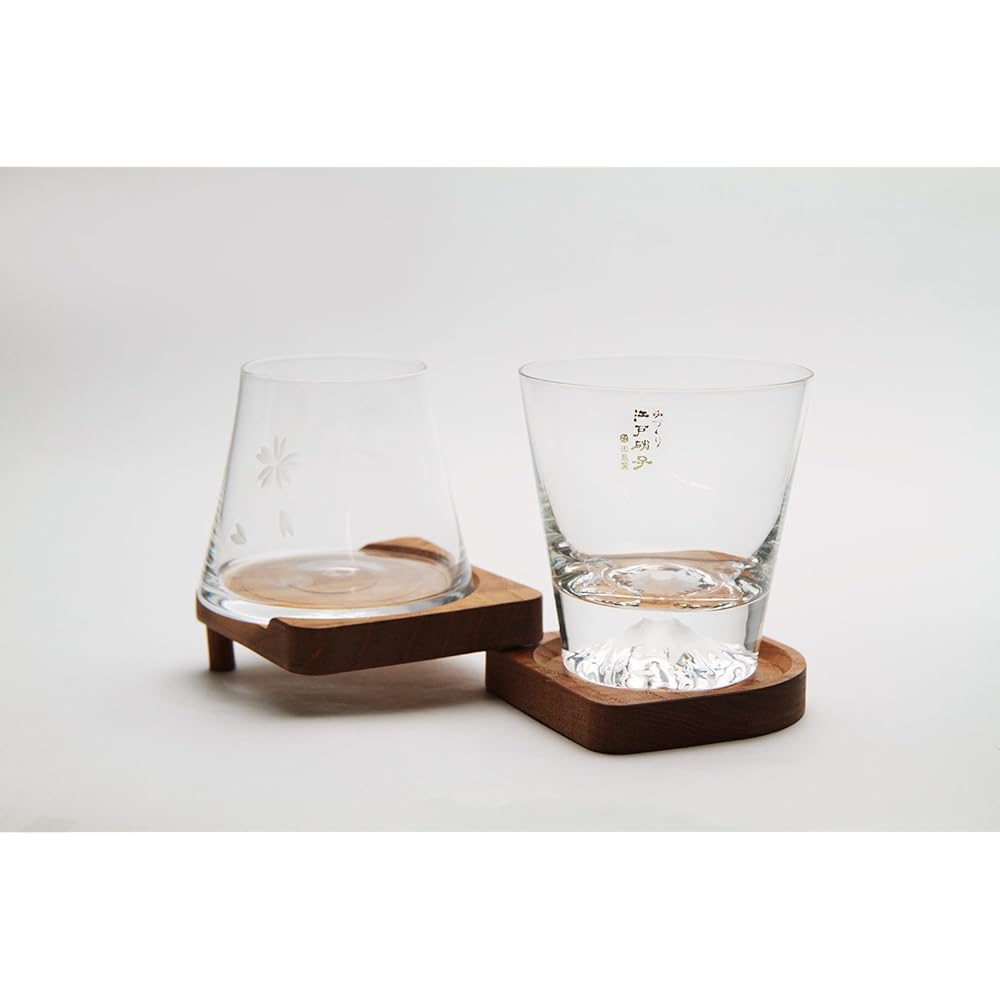 [Premium Gift Set] Tajima Glass Mt. Fuji glass set with Mt. Fuji shining on the bottom Fuji glass / Mt. Fuji Hoei glass (clear) / Pair set with wooden coaster