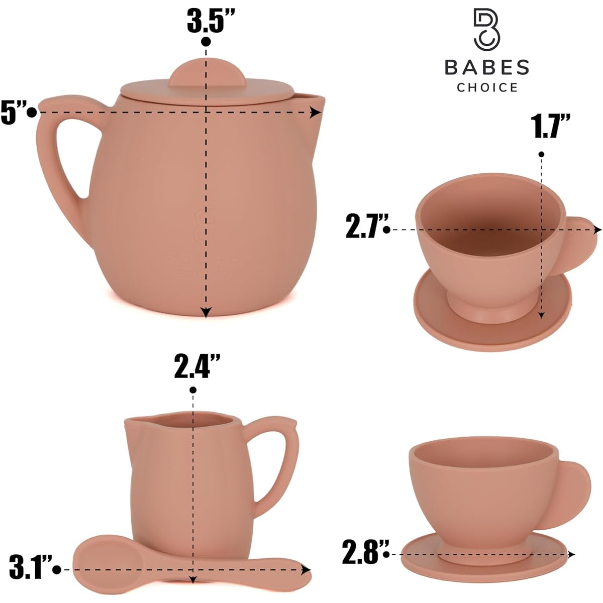 Babes Choice 12 Piece Silicone Tea Party Set for Little Girls - Pretend Play Eco Friendly BPA Free Kids Tea Set Dishwasher Safe Toddler Durable Toys (Tan)