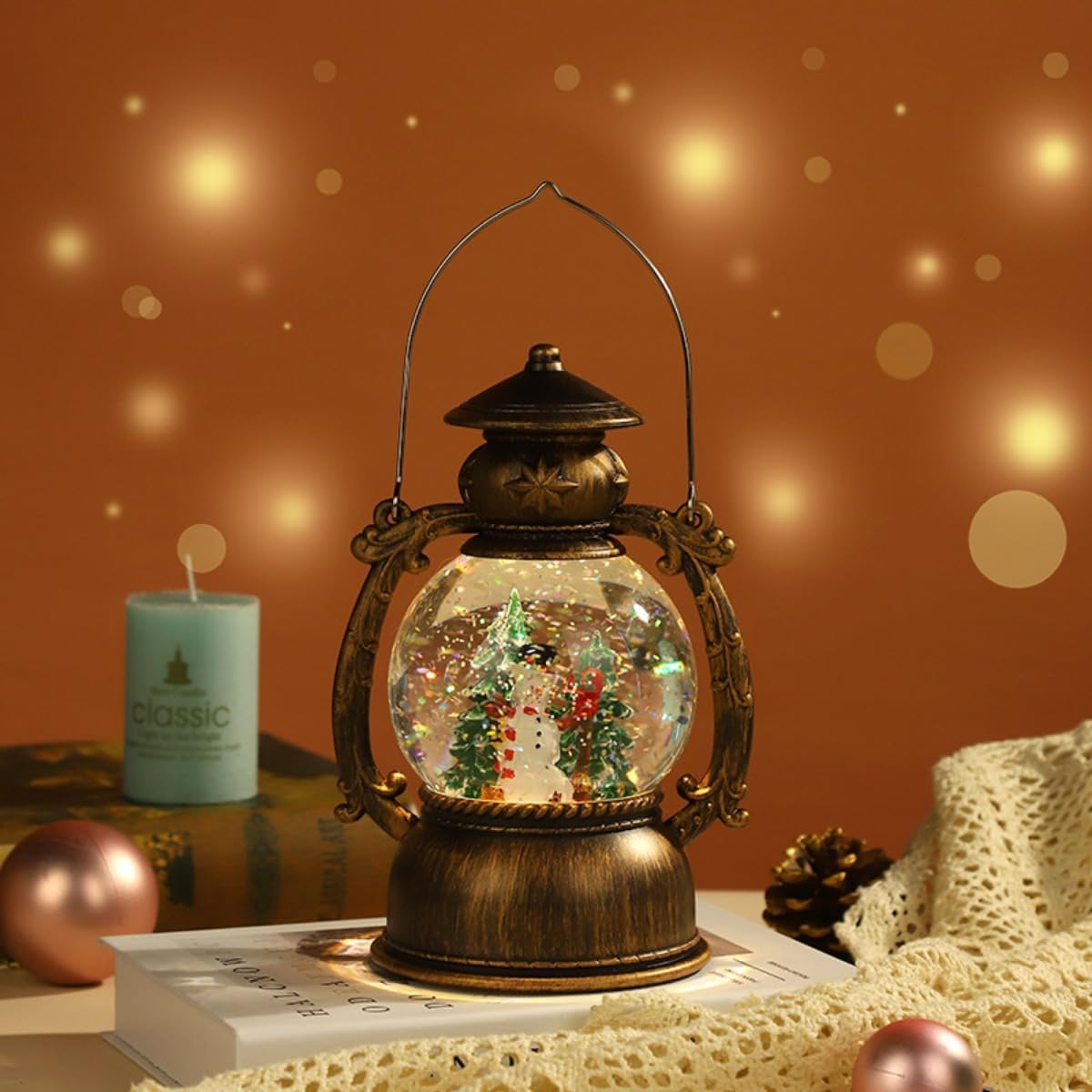 Demanca Snow Globe Christmas Music Box Snow Globe with LED Lights 8 Songs Automatic Loop Christmas Ornament Decoration Snow Scene Ball Lantern Music Box Interior Christmas Gift Snowman & Fir Tree (C)