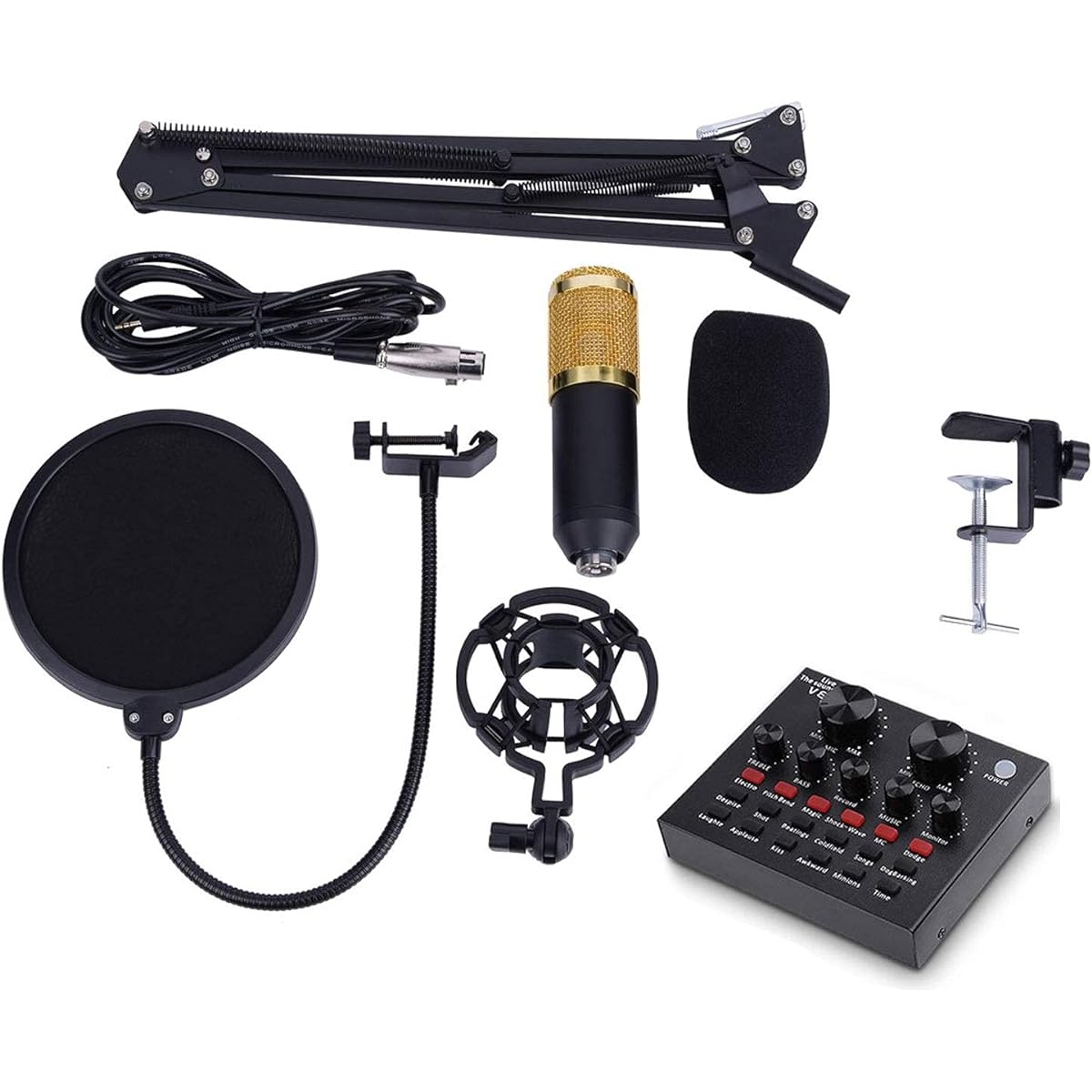 Condenser Microphone Kit, BM-800 Microphone Kit with Live Sound Card, Professional Condenser Computer Cardioid Microphone with Adjustable Microphone Suspension Scissor Arm, for Broadcasting, Recording DDF