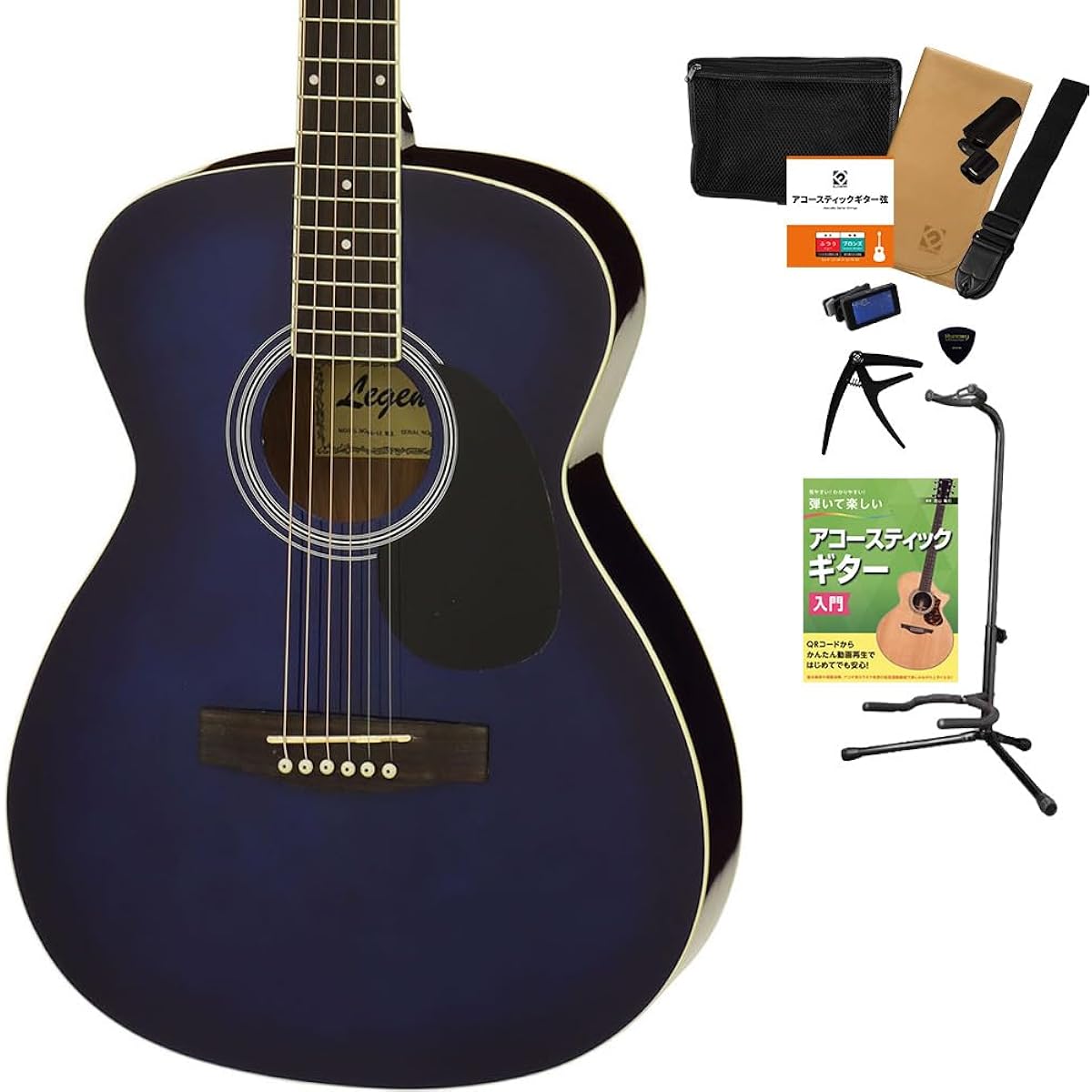 LEGEND FG-15 BLS Acoustic Guitar, 12-piece Select Set with Textbook, Beginner Set, OOO Size, Legend