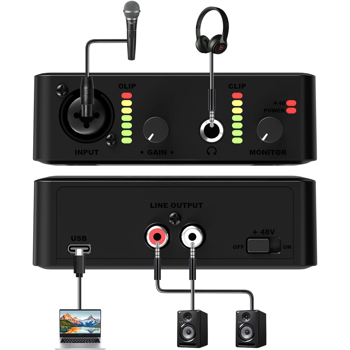 USB Audio Interface Solo Audio Interface with XLR and 1/4" (6.35mm) Jack +48V Phantom Power for Music Production Streaming Podcast Recording and Other Devices Real-time Monitoring