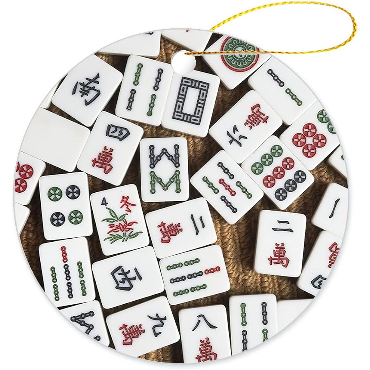 Mahjong Tiles Double Sided Printed Circle Hanging Ceramic Christmas Ornament 3 Inch Happy New Year Gift Anniversary Pendant