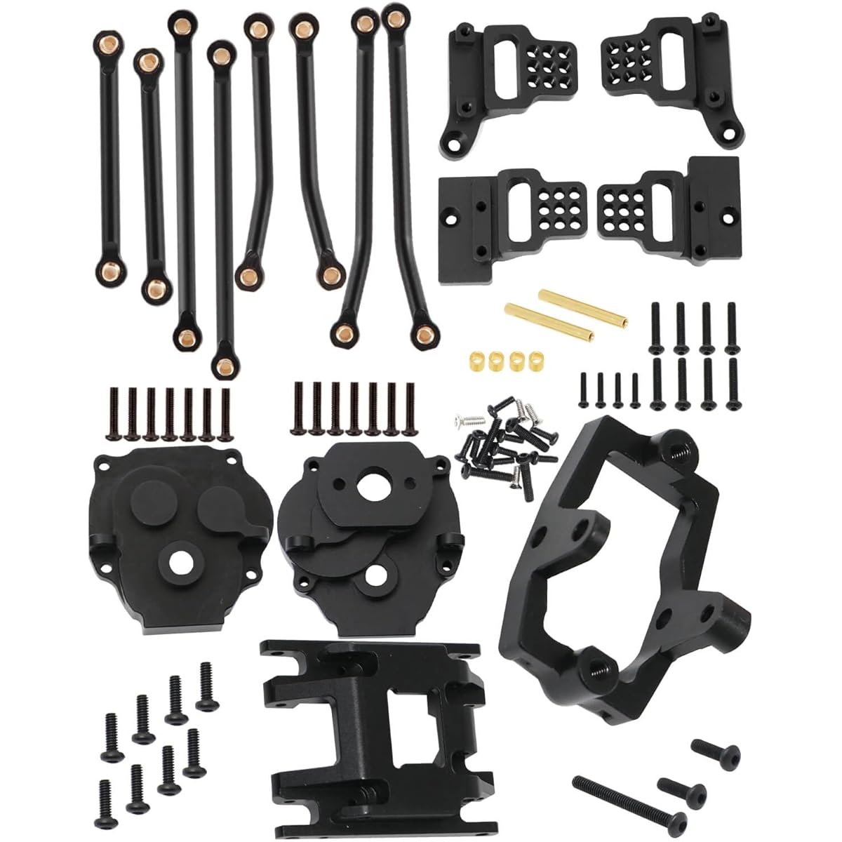 hopsupRC Upgrade for 1/18 TRX4M Front Rear Adjustable Shock Tower Chassis Link Suspension Link Centor Gearbox Transmission Case Steering Servo Mount Skid Plate Transmission Mount Set Black