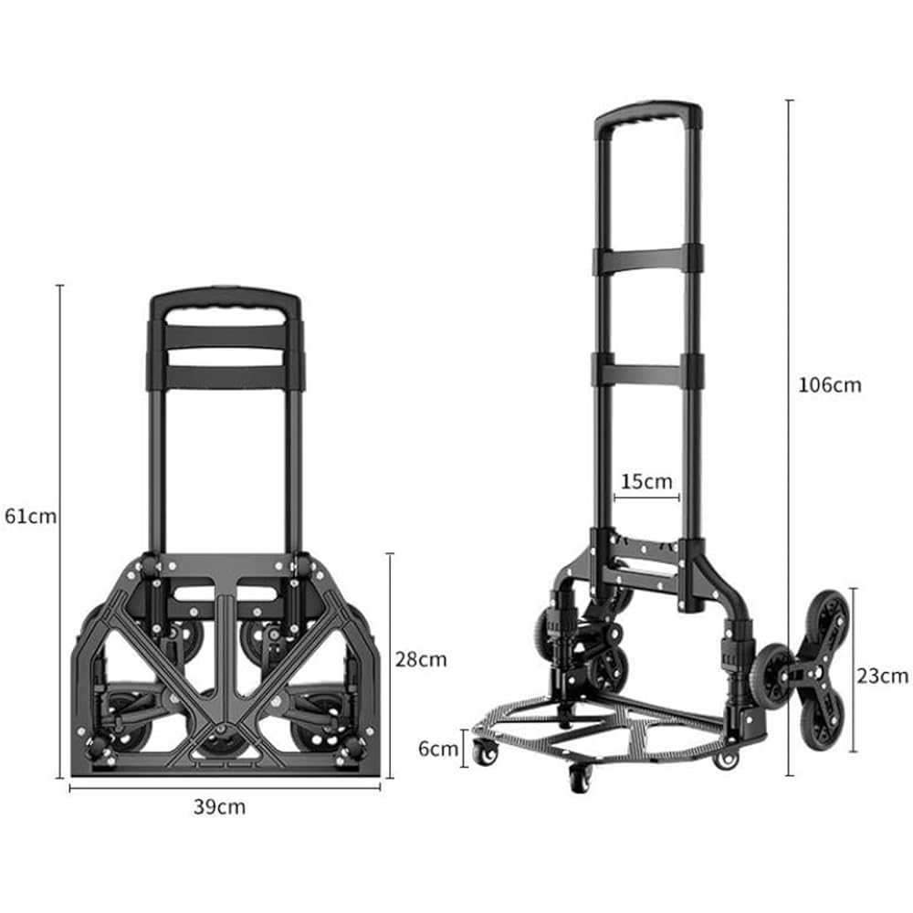 Carry Cart, Foldable, Hand Carry, Stairs, 3 Wheels, 10 Wheels, Step Cart, 360 Degree Rotation, Quiet, Large Tires, Height Adjustable, Lightweight, Load Capacity 80KG, Camping, Outdoors, Moving, Disasters, Shopping, Traveling, Includes 2 Fixed Ropes (Blac