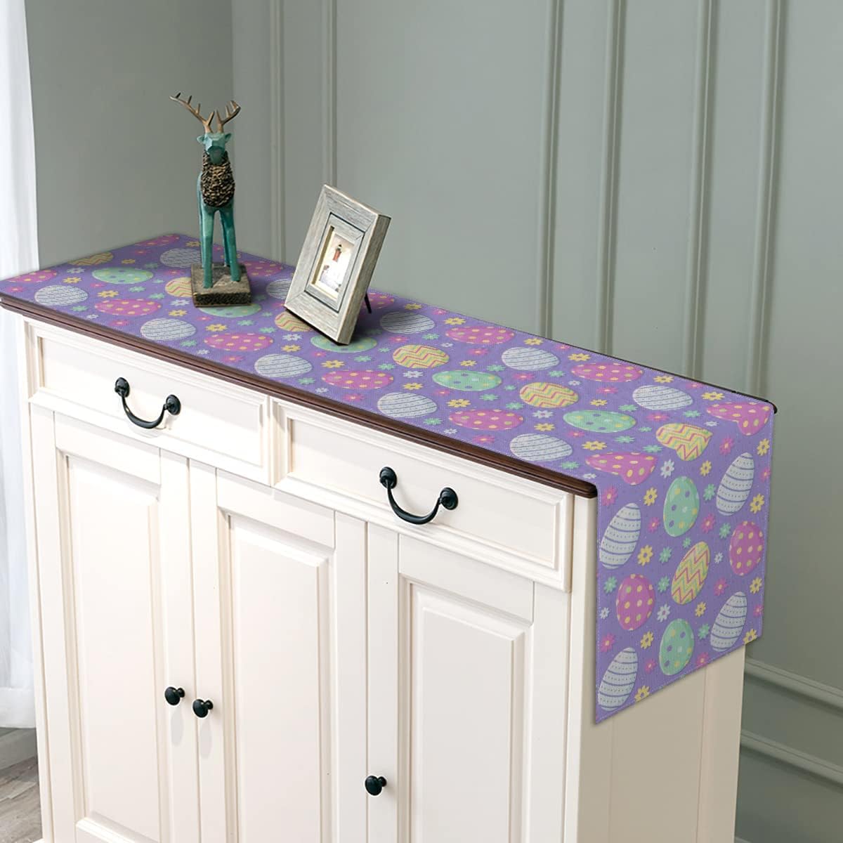 Linen Easter Egg Table Runner Purple Spring Resurrection Holiday Decoration Kitchen Dining Room Decor 13x72 Inch