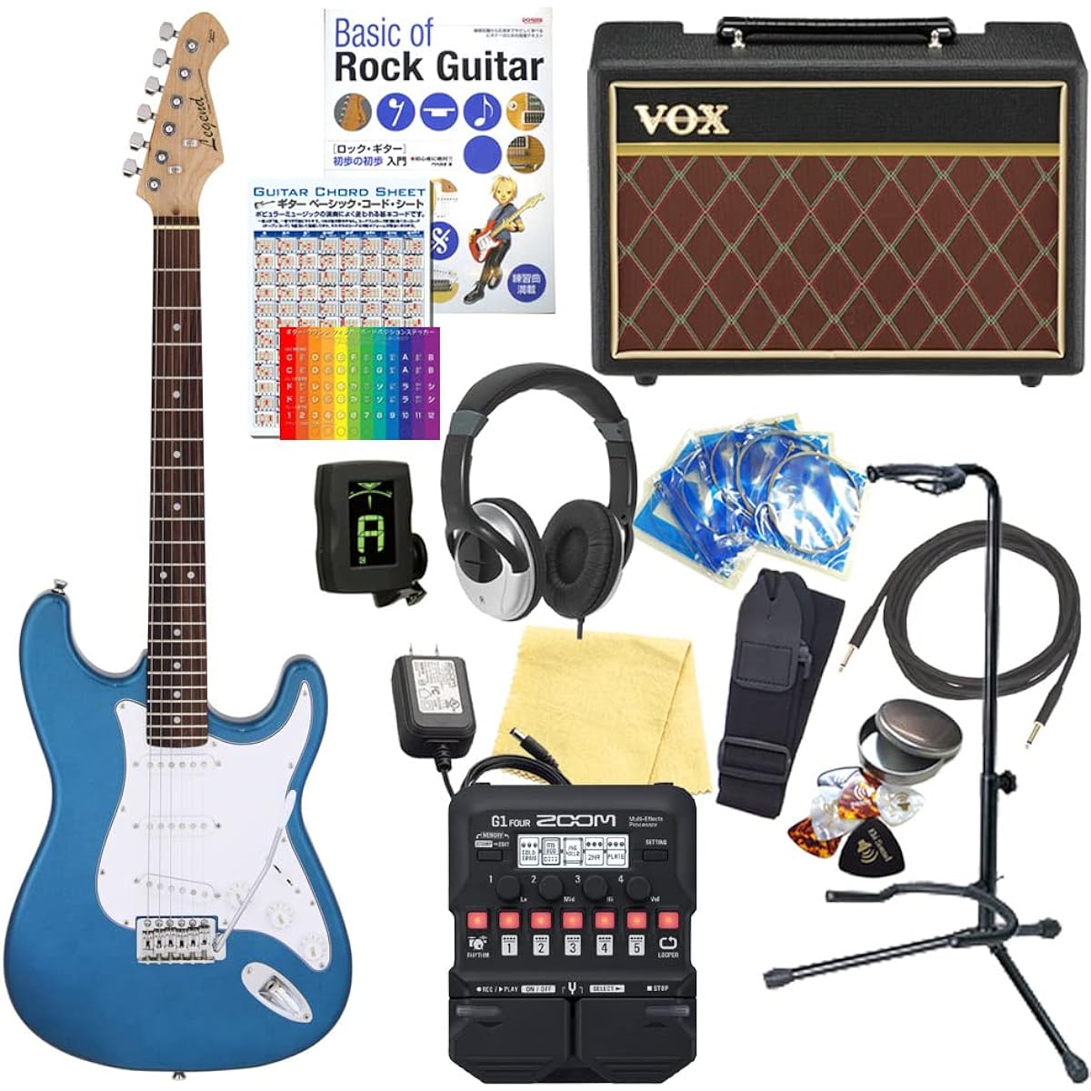Electric guitar beginner set Stratocaster type 18-piece set with VOX amp Legend LST-Z MBL [ZOOM G1Four multi-effector included]