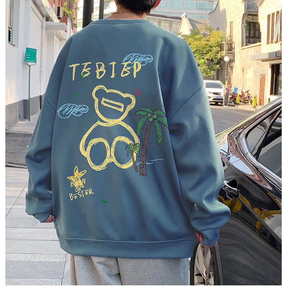 [CALEBGAR] Sweatshirt, Men's, Autumn Clothes, Long Sleeve, Round Collar, Cute, Bear, Funny, Back Print, Stylish, Student, Outerwear, Loose, Comfortable, Korean, Popular, Casual, Autumn, Winter, Spring, Cool Tops, Comfortable Sweatshirts
