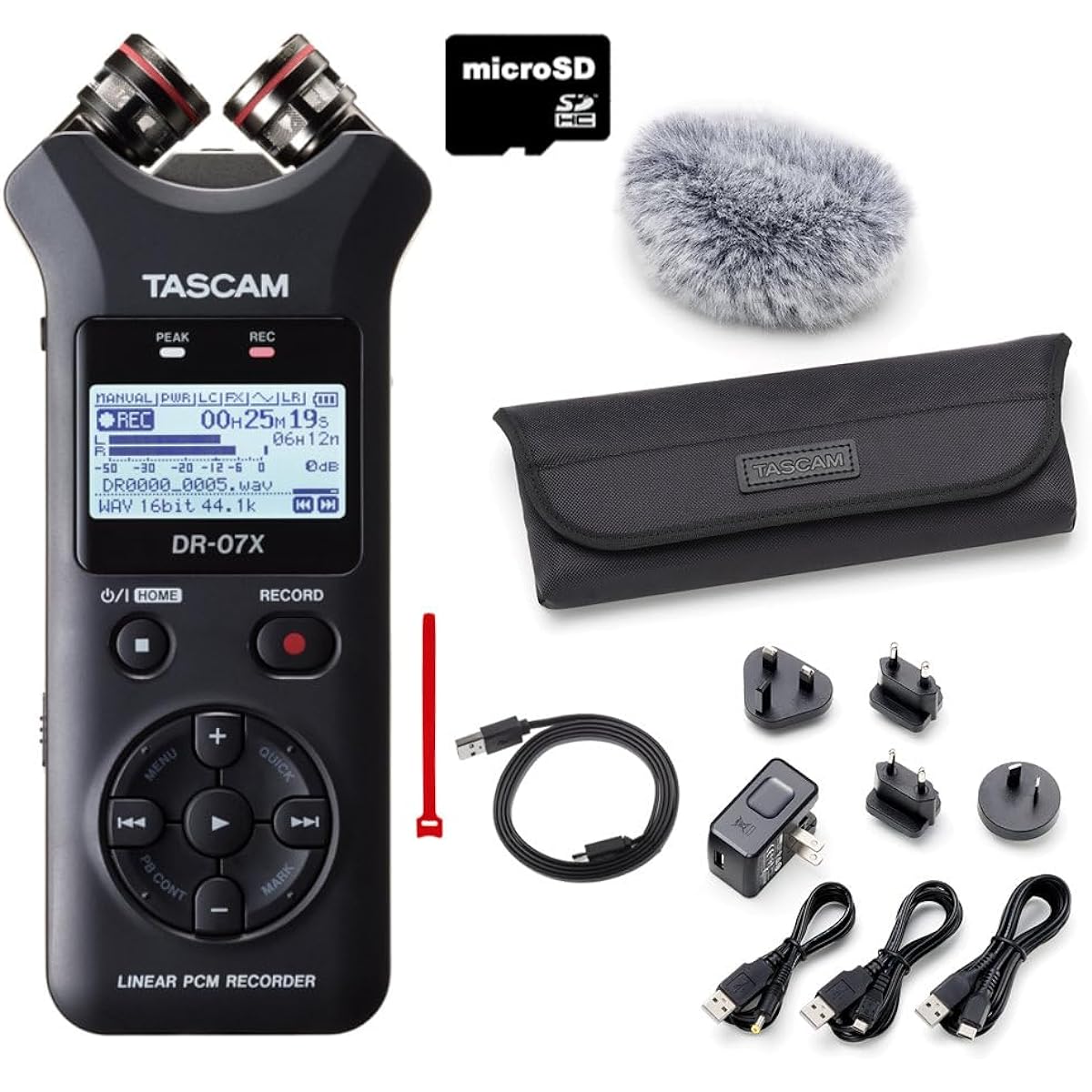 TASCAM DR-07X Linear PCM Recorder + Genuine Accessory Pack + USB Cable/SD Card Set