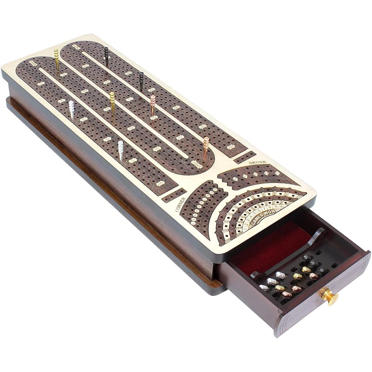 House of Cribbage - Continuous Cribbage Board/Box Inlay Rosewood/Maple: 4 Tracks - Includes Skunk, Corner, and Won Games - Peg & Card Storage Drawer
