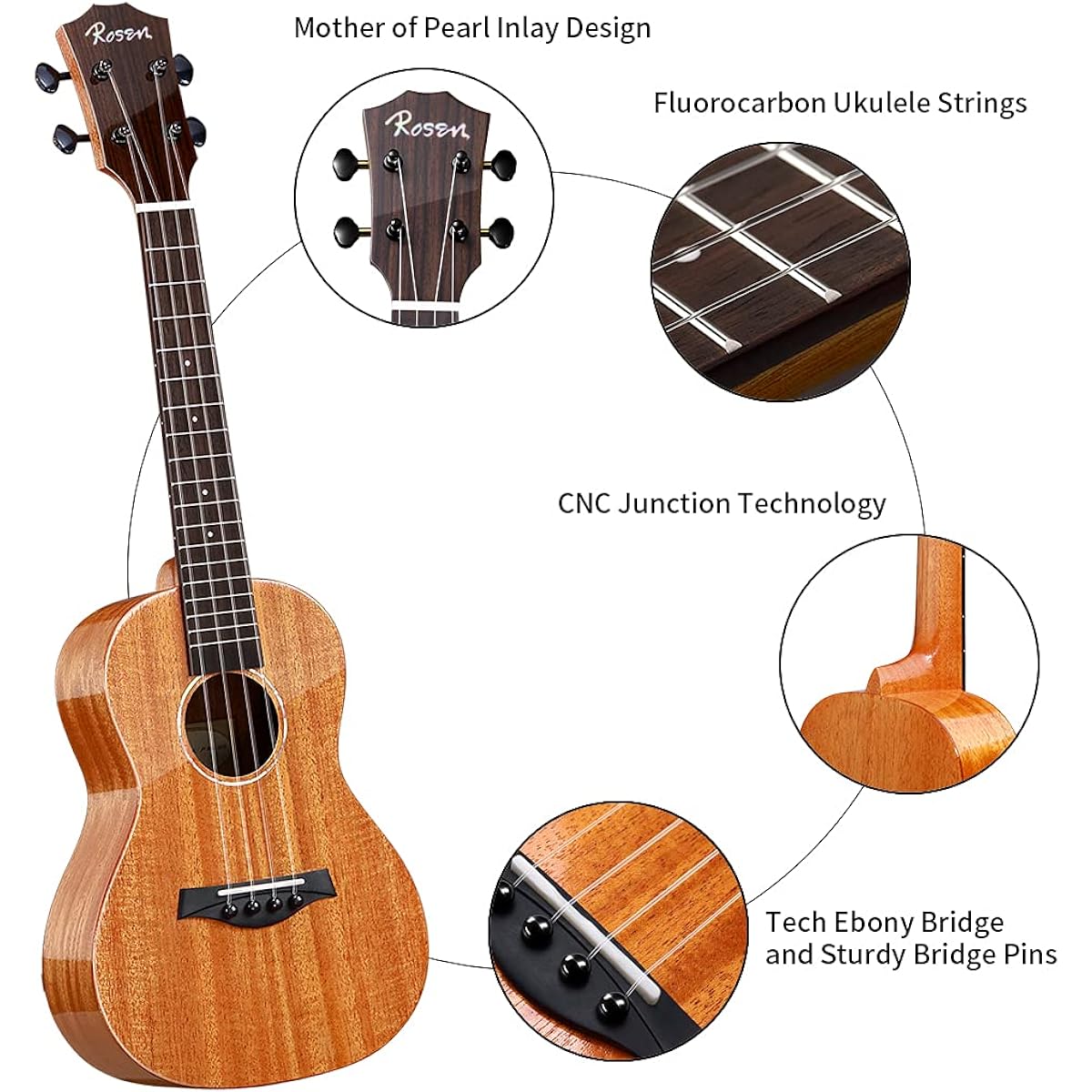 Rosen Concert Ukulele Solid Mahogany 23" Professional Ukulele Starter Bundle Kit with Lesson Book, Gig Bag, Tuner and Capopic Strings