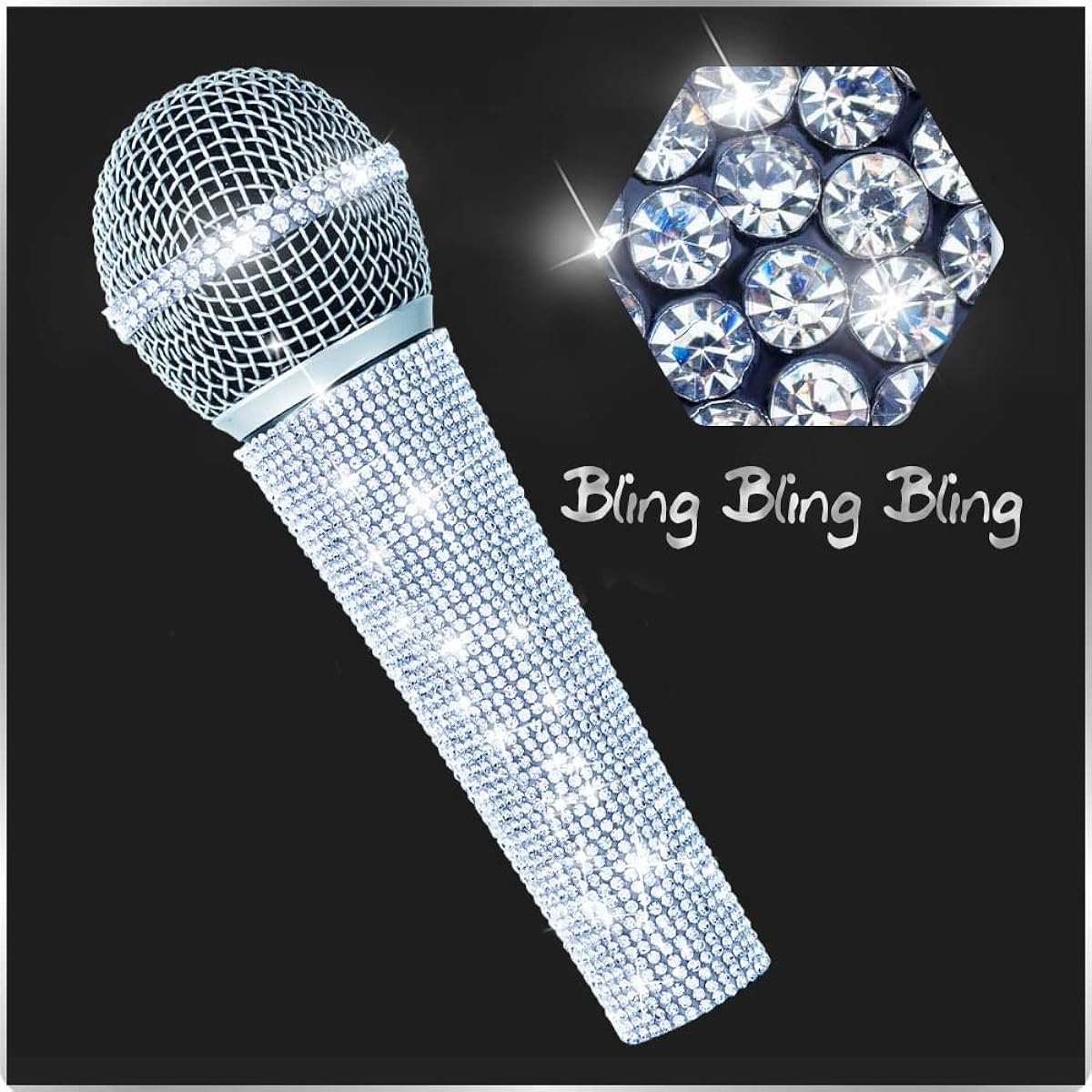 RhymKawa Silver Bling Cardioid Dynamic Vocal Wired Microphone Kit Singing Karaoke Microphone with Case and Bling Crystal Sleeve Cover