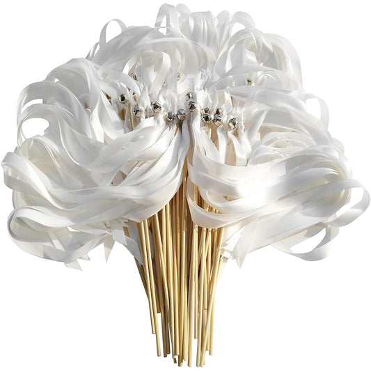 50pcs Ribbon Wands with Triple Ribbons and Silver Bells Party Favors Streamers Ribbon Sticks Magic Fairy Wands for Wedding Decorations
