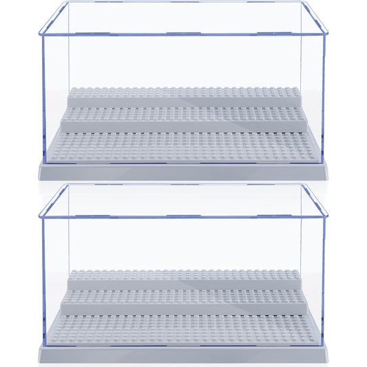 2 Pack Display Case for Mini Figure Action Figure Blocks, Acrylic Mini Figure Display Case Box Storage with 3 Movable Steps, Great Gift for Kids and Adults (Grey)