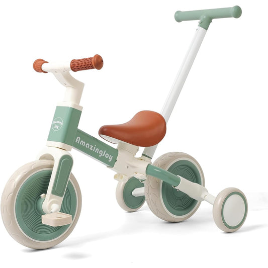AmazingJoy Tricycle for Toddlers 1-3 Push Handle 6-in-1 Baby Balance Bike for 2 3 4 Year Old Girls Kids Push Bike Toy with Detachable Pedal Toddler Trike Birthday Gift (Green)