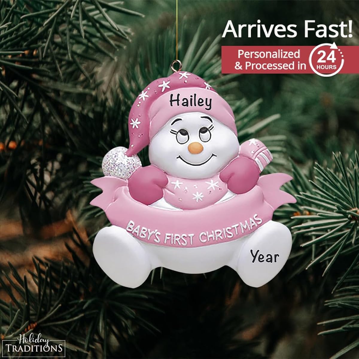Pink Baby 1st Christmas Snow Baby Personalized - (Unique Christmas Tree Ornaments - Classic Decor for Holiday Parties - Custom Decorations for Family, Kids, Babies, Military Sports and Pets)