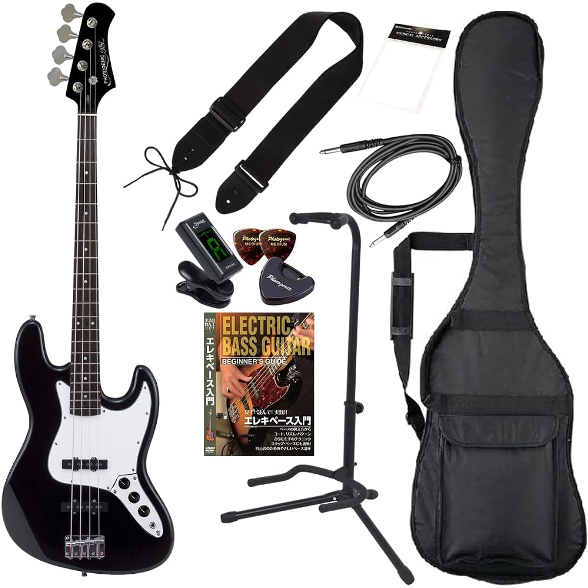 PhotoGenic Electric Bass Beginner's Guide Smart Set JB Type JB-240/HBK Matching Head Black [Soft Case/Shield/Tuner/Strap/Pick/Pick Case/Stand/Cross/Instructional DVD/Adjustment Wrench Included]