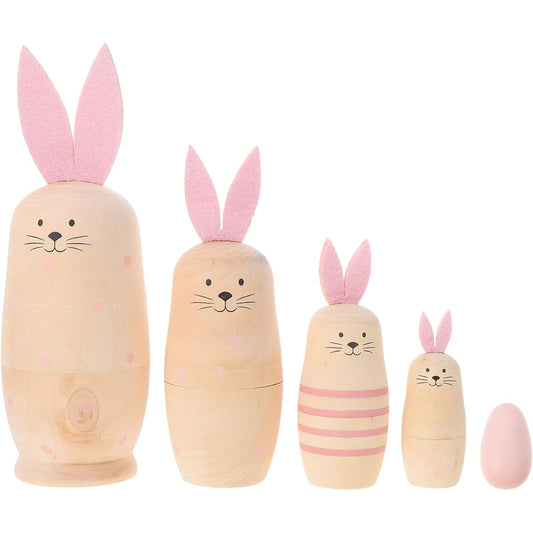 ARTIBETTER Rabbit Nesting Dolls Family Wooden Matryoshka Russian Dolls Handmade Stacking Toy Set 5 Pieces Kids Girls Easter Home Decoration