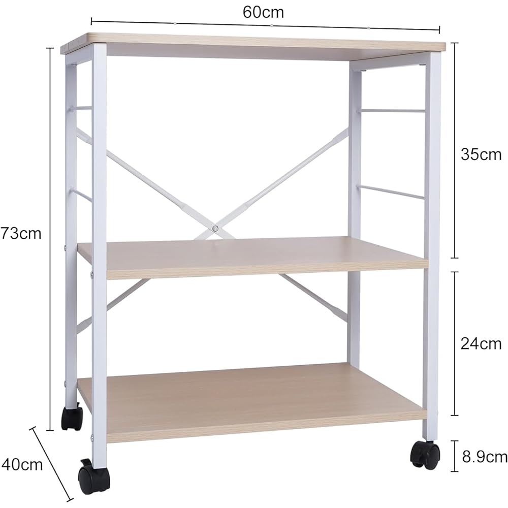 ybaymy Kitchen Wagon, Steel Rack, Kitchen Rack, Metal Rack, 3 Tiers, Width 60 x Depth 40 x Height 75 cm, Storage Shelf, Range Stand, Range Board, Kitchen Board, Wood Grain, Slim, Space Saving, Comes with Casters, Easy to Move, Natural