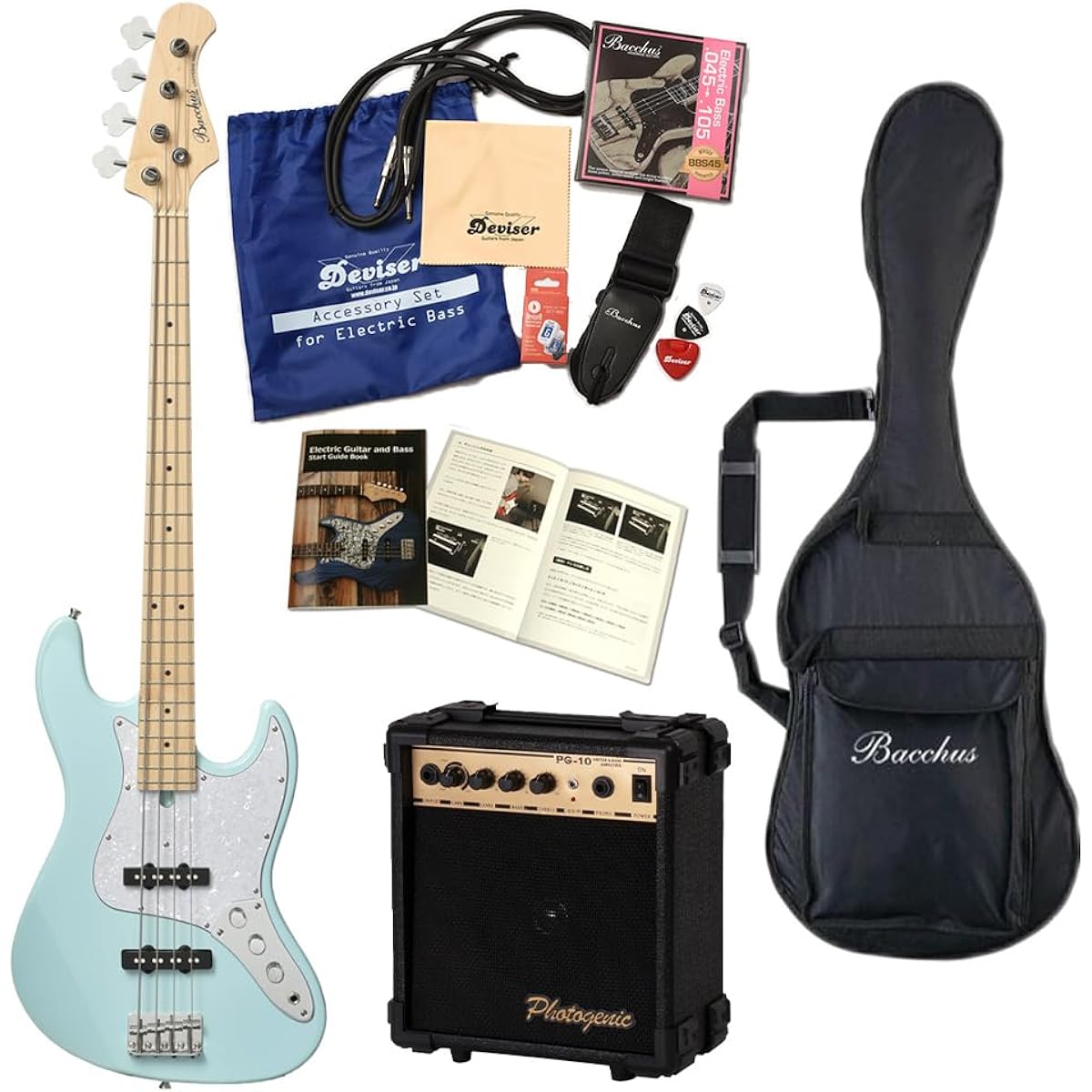Bacchus WJB-360M Beginner's Set Jazz Bass Type Dinky Shape Electric Bass Set Pre-tuned and ready to play! (BLK)