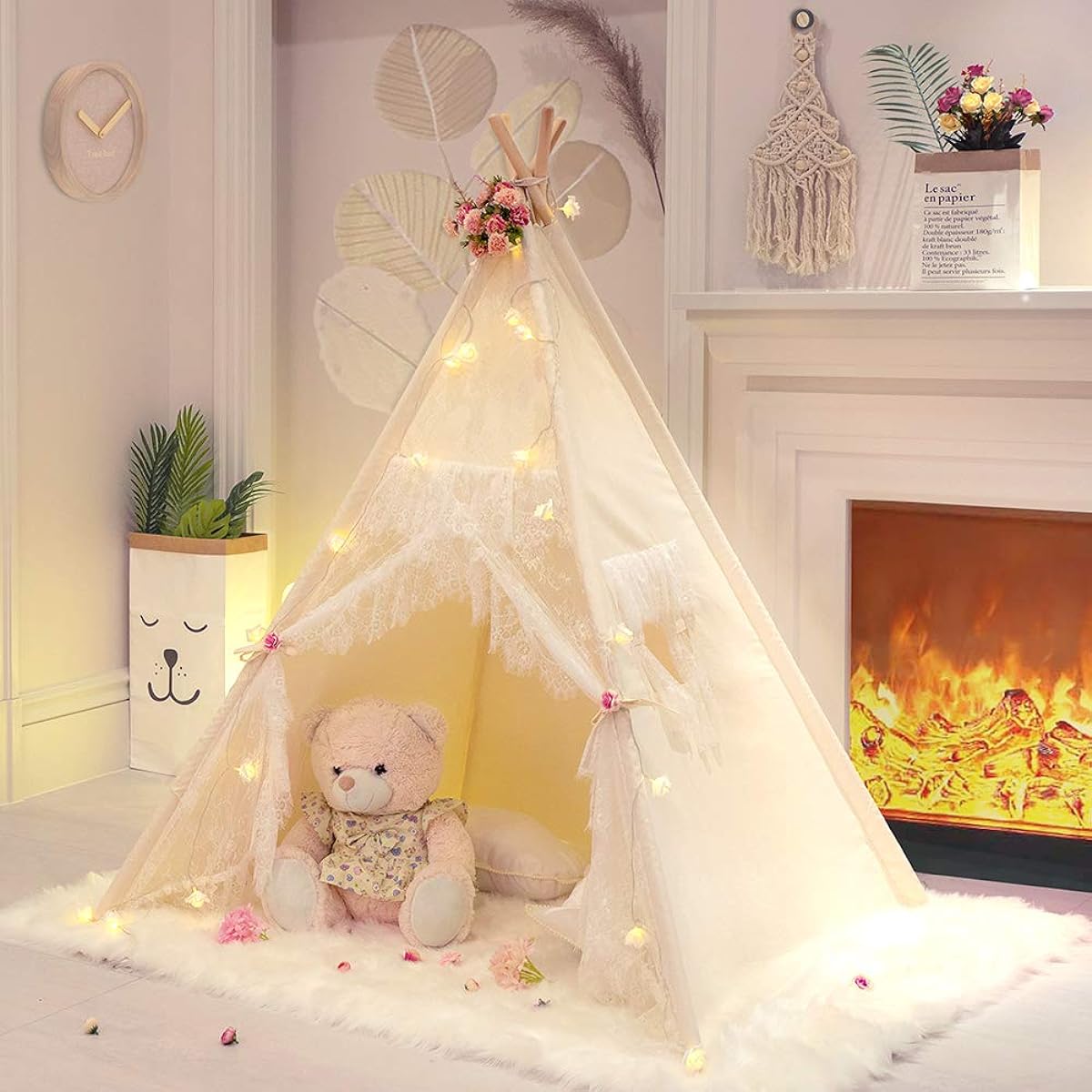 TreeBud Lace Teepee Tent for Girls, Teepee Tent Ivory Canvas Classic Play Tent, Kids Playhouse, Nursery Decor