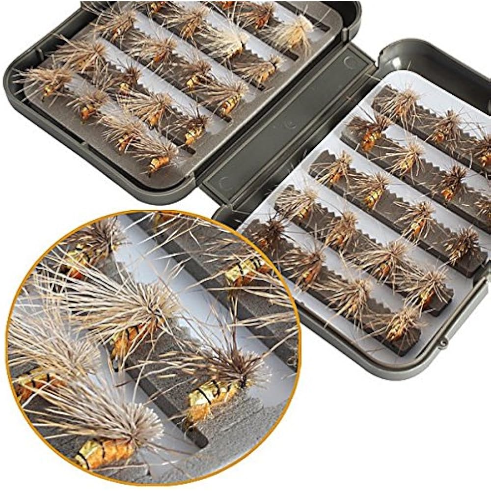 Wellvie Hair Bali for Fly with Case Ash/Gold Tenkara Kebari Hair Bali Hair Needle Artificial Bait Mountain Stream Fishing Tenkara Hair Bar Set Hook for Fly Fishing Mosquito Fly Fishing Lure Set (Set of 40)