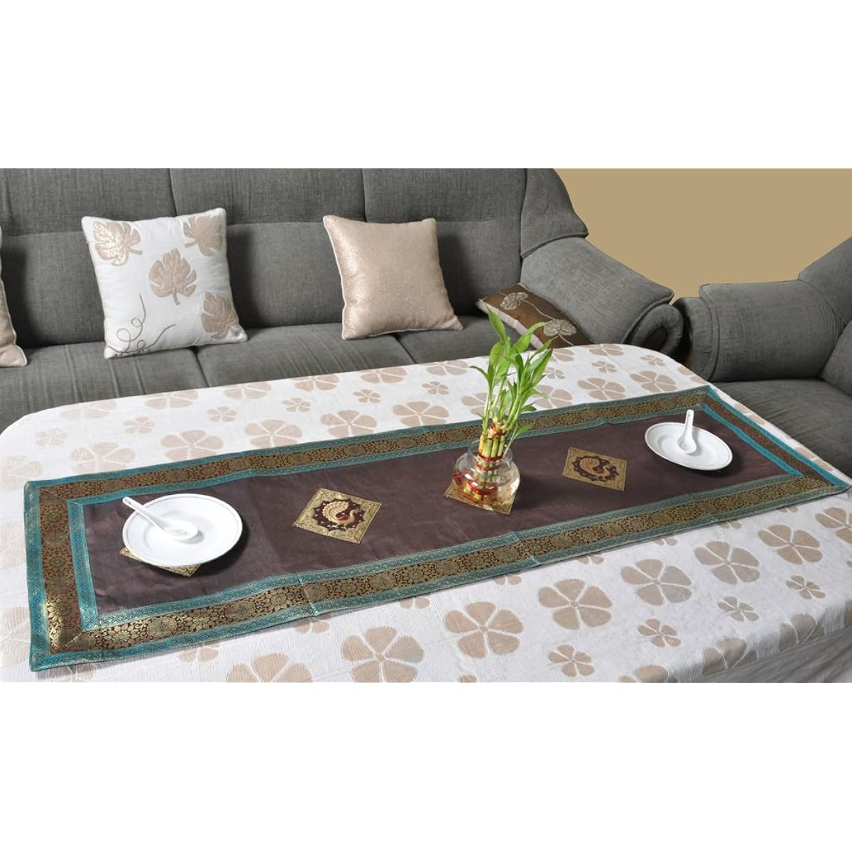 Lalhaveli Indian Peacock Design Silk Brown Wedding Decorative Table Runner 152 x 41 Cm
