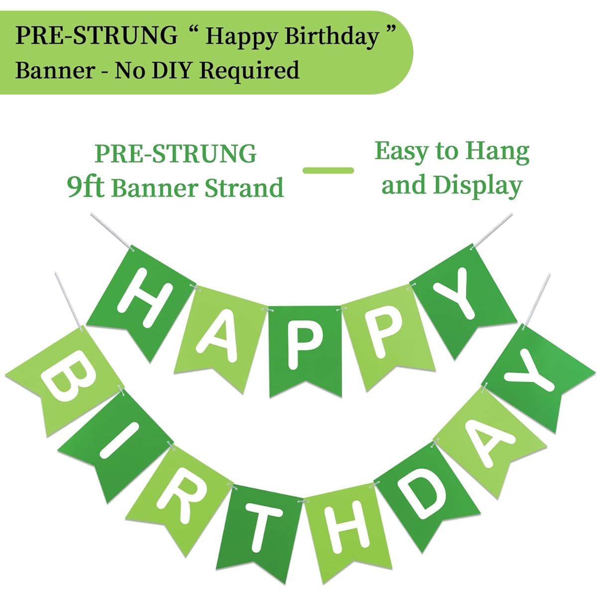LITAUS Green Happy Birthday Banner - Pre-strung No DIY Required | Birthday Decorations | Happy Birthday Sign Backdrop for Birthday Decorations | Happy Birthday Decorations