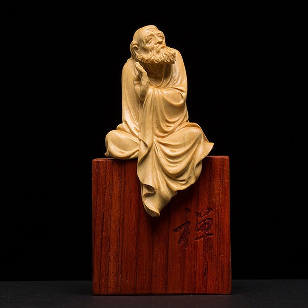 [Hanano] Dharma Daishi Seated Statue, High Quality Natural Boxwood Carved Dharma Wooden Statue, Wooden Buddha Statue, Buddhist Art, Daruma Bodhi Dharma, Dharma, Founder of Chinese Zen Buddhism, Zazen,