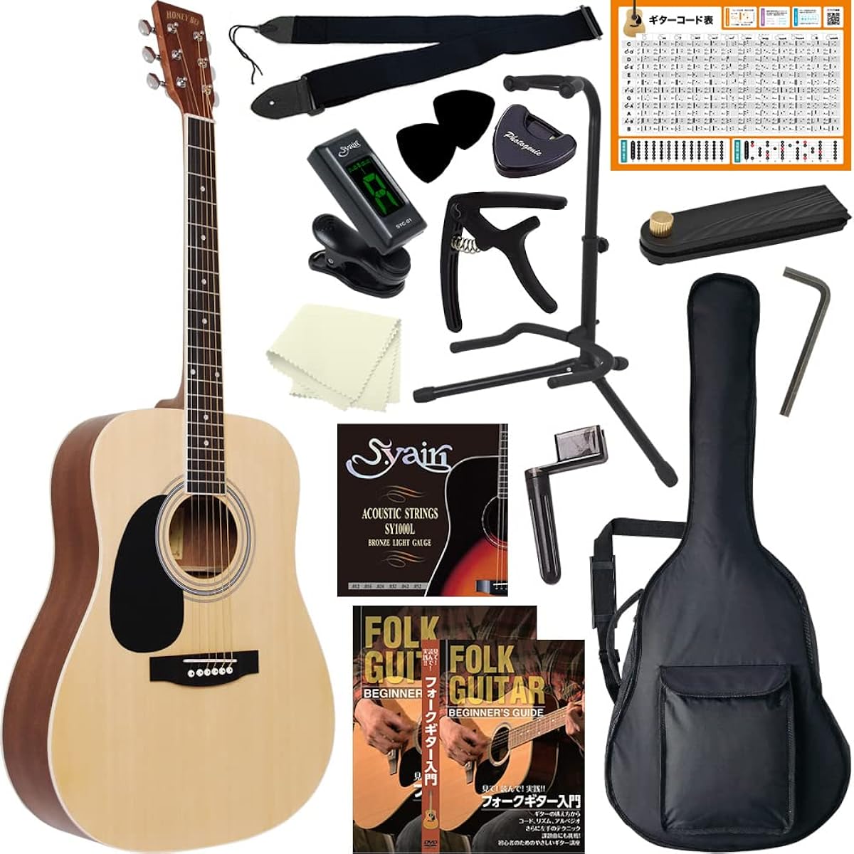 HONEY BEE Acoustic Guitar Western Guitar Type W-17LH / Natural Beginner's Guide 16 Piece Set Left Handed Left Hand Model