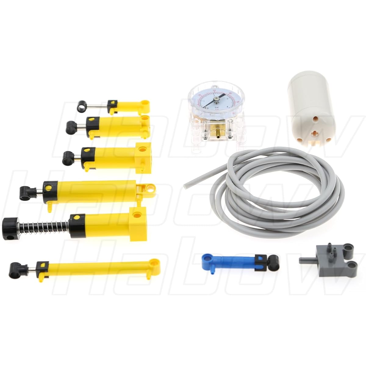 Habow 11pcs Technic Pneumatic Cylinder Kit is compatible with LEGO pneumatic Technic parts, barometer, air tank, cylinder, air pump, pressure rod, switch, piston, hose, etc. Can be used as replacement parts for MOC.