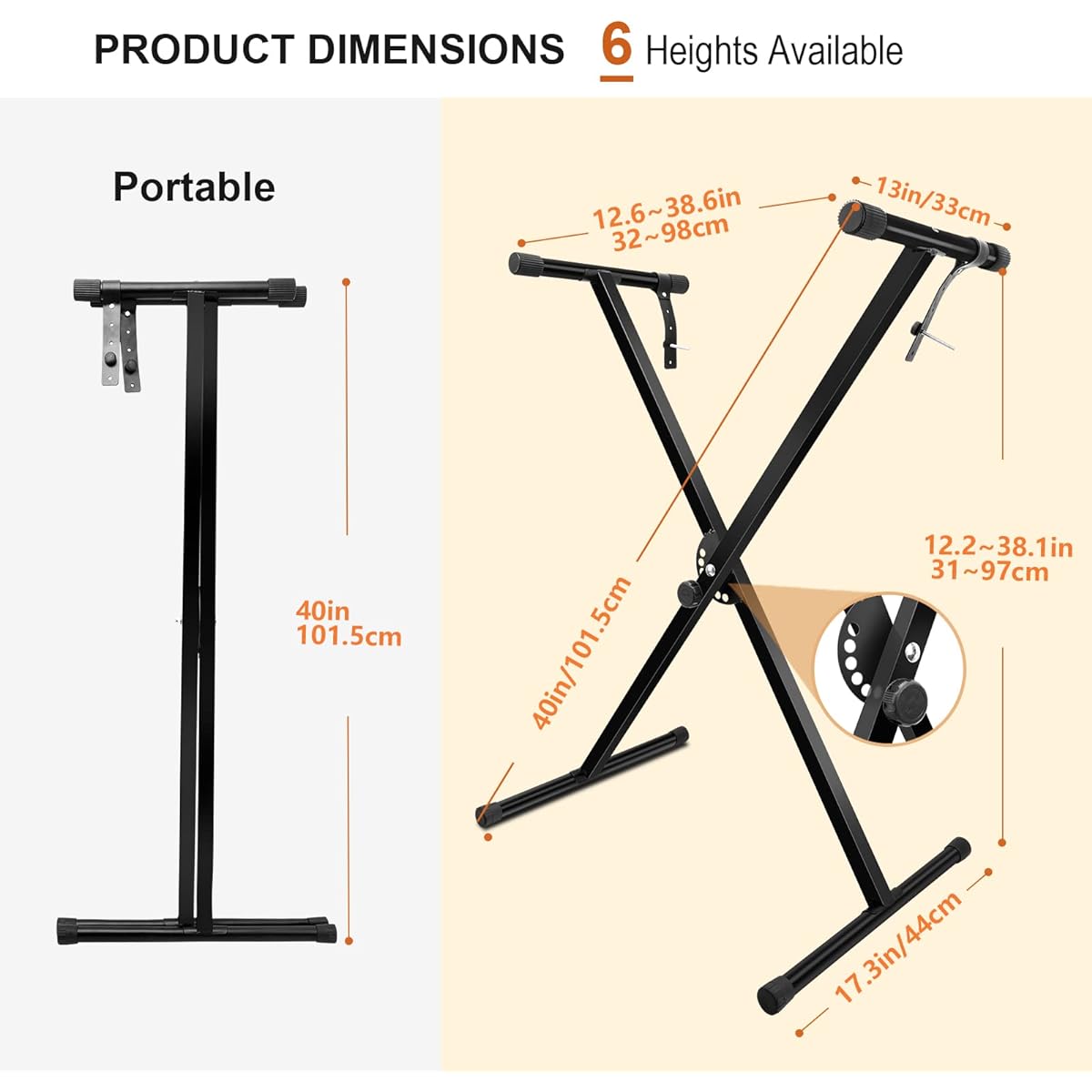 MUZNOTE Adjustable Keyboard Stand, Single X Piano Stand with Locking Straps, 6 Height Adjustments for 61, 76, 88 Keys