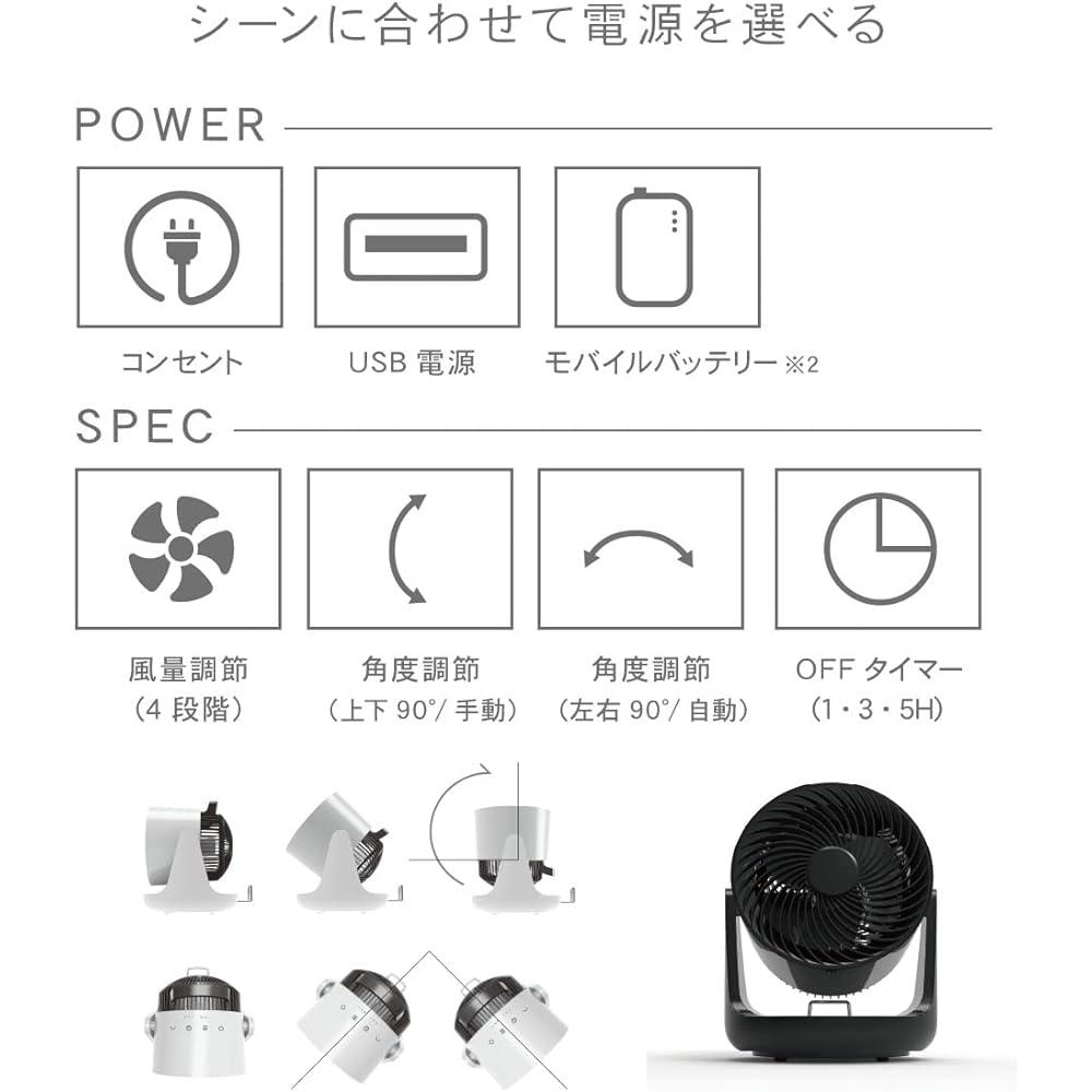 Topland Circulator Compatible with 2 Power Sources (AC/USB) Equipped with DC Motor Swing Angle Adjustment 4 Levels Air Volume Adjustment White SF-CC10WT