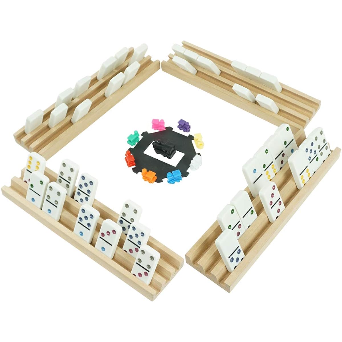 PUREPLAY Mexican Train Domino Set - Double 12 Color Dot Dominoes - 91 Tiles with 9 Trains, 4 Wooden Trays and Storage Bag for 2-8 Players, Ages 8+