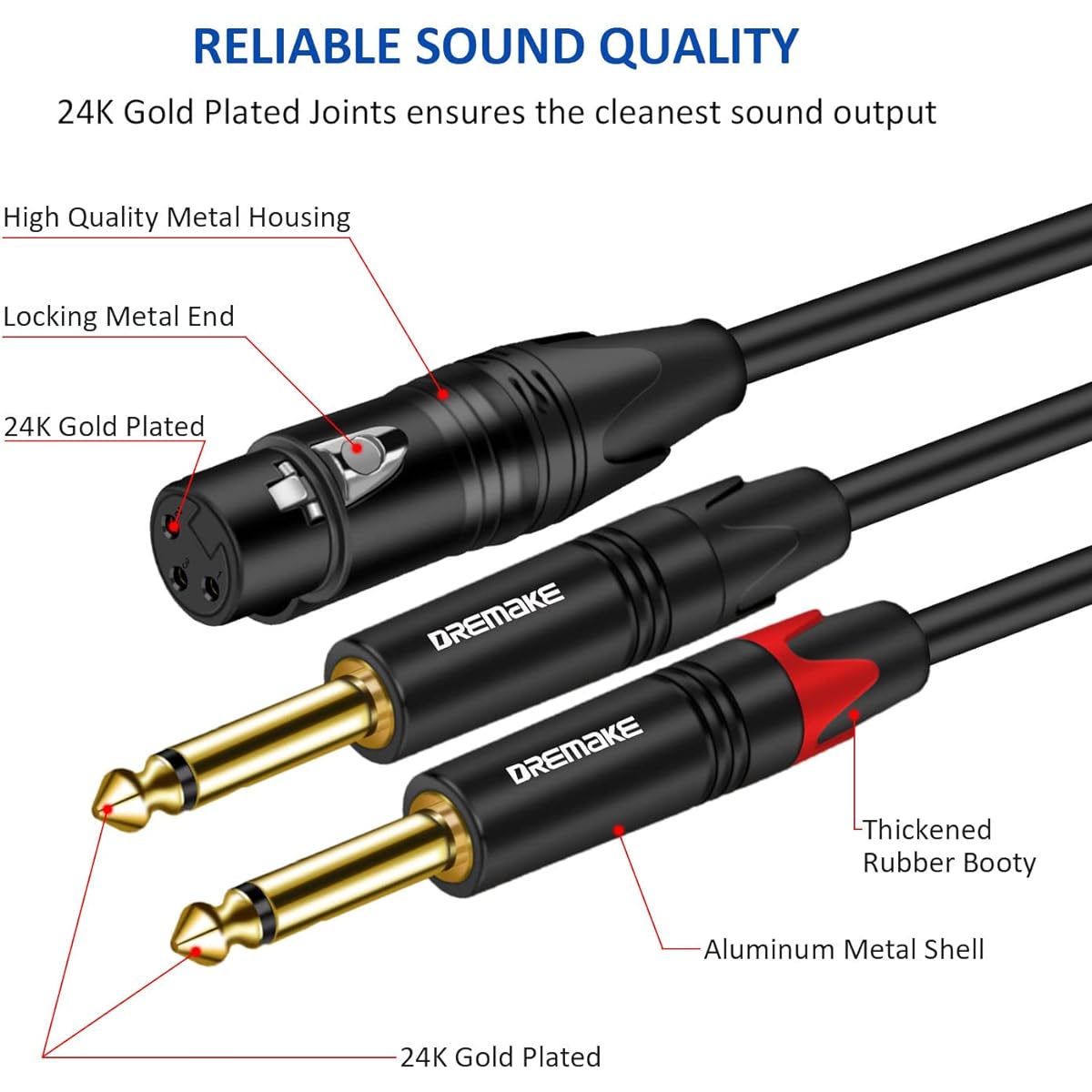 DREMAKE Dual 6.35mm 1/4" to XLR Microphone Cable Dual Mono 6.35mm Male to XLR Female Audio Y Splitter Patch Cord Female 3 Pin XLR to Dual 1/4" (6.35mm) TS Male Converter Adapter Cable 3 Feet