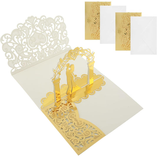Amabro 3D Pop Up Wedding Cards 2 Pieces Wedding Envelope Greeting Card Wedding Congratulations Gift Card Newlyweds Couple Valentine Anniversary Engagement Christmas (Gold)