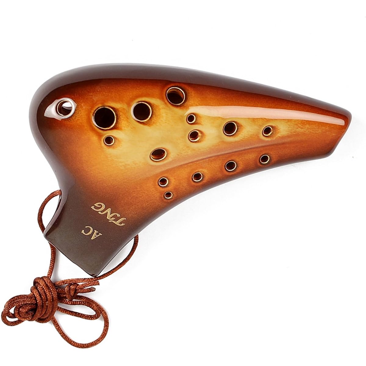 TNG Ocarina Musical Instrument [Double/Alto/Orange] High Class C Tone AC Multiple Tubes (Fingering Chart Included) Ocarina Wind Wind Glaze Finish Golden Brown Genuine Leather Strap Included