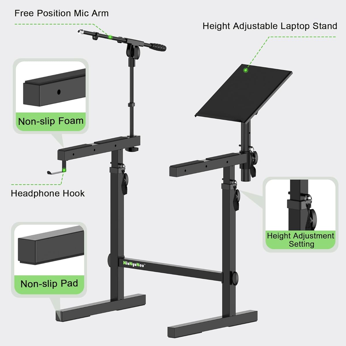 NiuNyuNeu Multifunctional Keyboard Stand Heavy Duty Piano Stand with Microphone Stand and Laptop Stand Headphone Hook Height Adjustable Combo Keyboard Stand