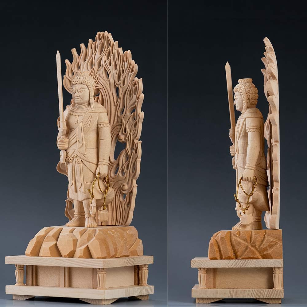 Hanro Art Sculpture Buddha Statue Fudo Myoo Fudoson Buddhist Altar Buddha Statue Made of Cypress Wood 3.5 inches Log Rock Pedestal Flame Halo Year of the Rooster Protective Principal Image Prayer Warding Off Evil (Height 21cm x Width 9cm x Depth 7cm)