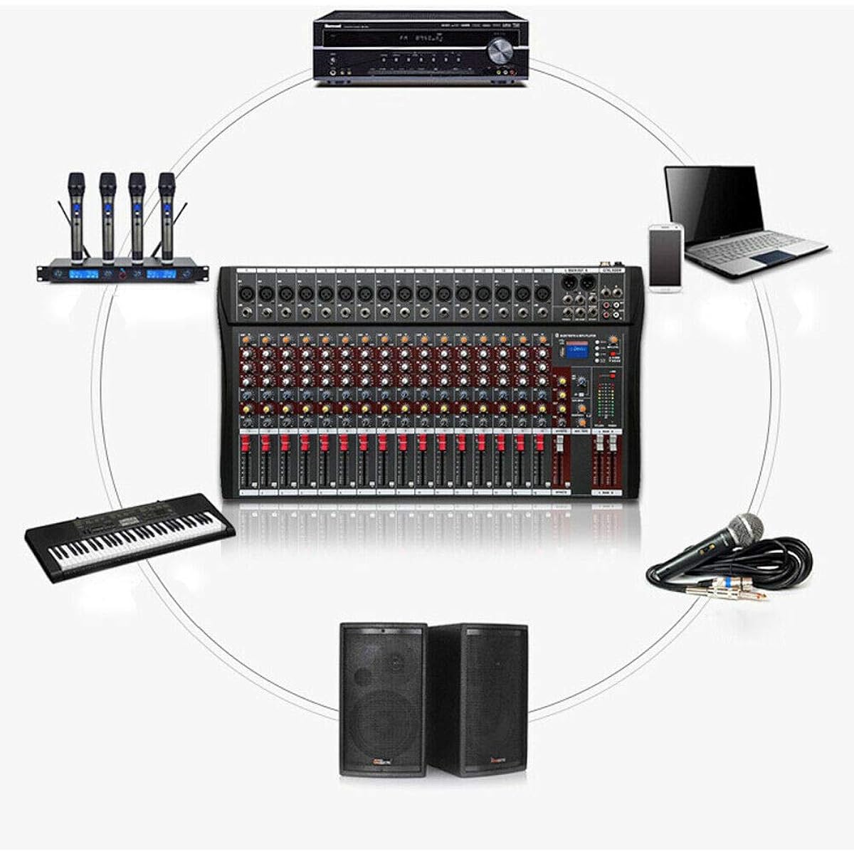 TFCFL 16 Channel Audio Mixer Professional USB Audio Interface Soundboard Console Desk System Interface Digital USB Computer Phantom Power Stereo DJ Studio Metal+Plastic Black