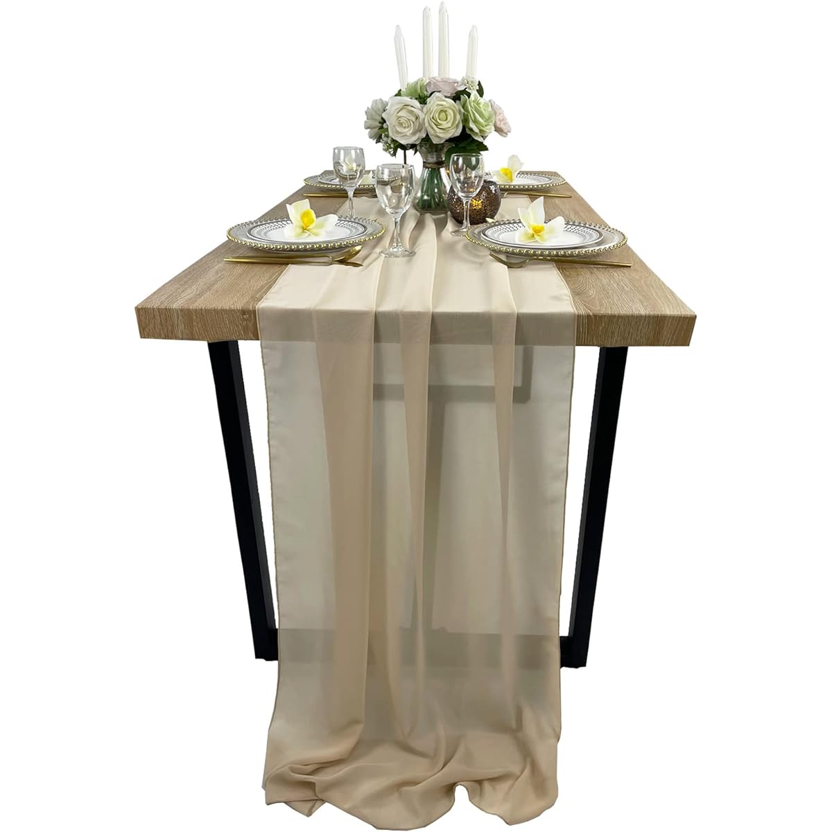 EH Linen 13ft Chiffon Table Runner 27 x 156 Inch Romantic Sheer Wedding Table Runner for Top Table Bridal Party Decorations (Champagne)