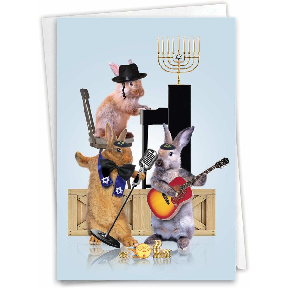 The Best Card Company Menorah Animal Bands-Rabbit - Chanukah Greeting Card with Envelope (4.63 x 6.75 inches) - C9541JHKG