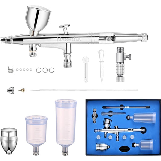 Nasedal Airbrush Kit, Airbrush Gun Dual Action Gravity 5cc 13cc 20cc 40cc Fluid Cup 0.3&0.5mm Needle, Cost-effective Airbrush Set for Makeup Nail Art, Painting Model, Coloring, Cake Decoration, Silver