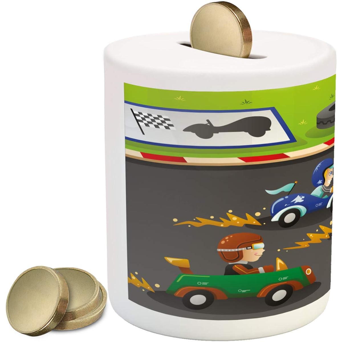 Lunarable Cartoon Piggy Bank Happy Racing in Car Racing Playroom Design Ceramic Coin Bank Cash Saving Piggy Bank 3.6" x 3.2", Multicolor