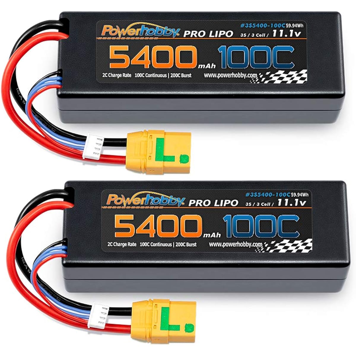 Powerhobby 3s 11.1v 5400mah 100c Lipo Battery with XT90 Plug and Hard Case (2 Pack) Compatible with: Arrma Kraton Nero Tyhpon Senton Tailon Outcast FAZON