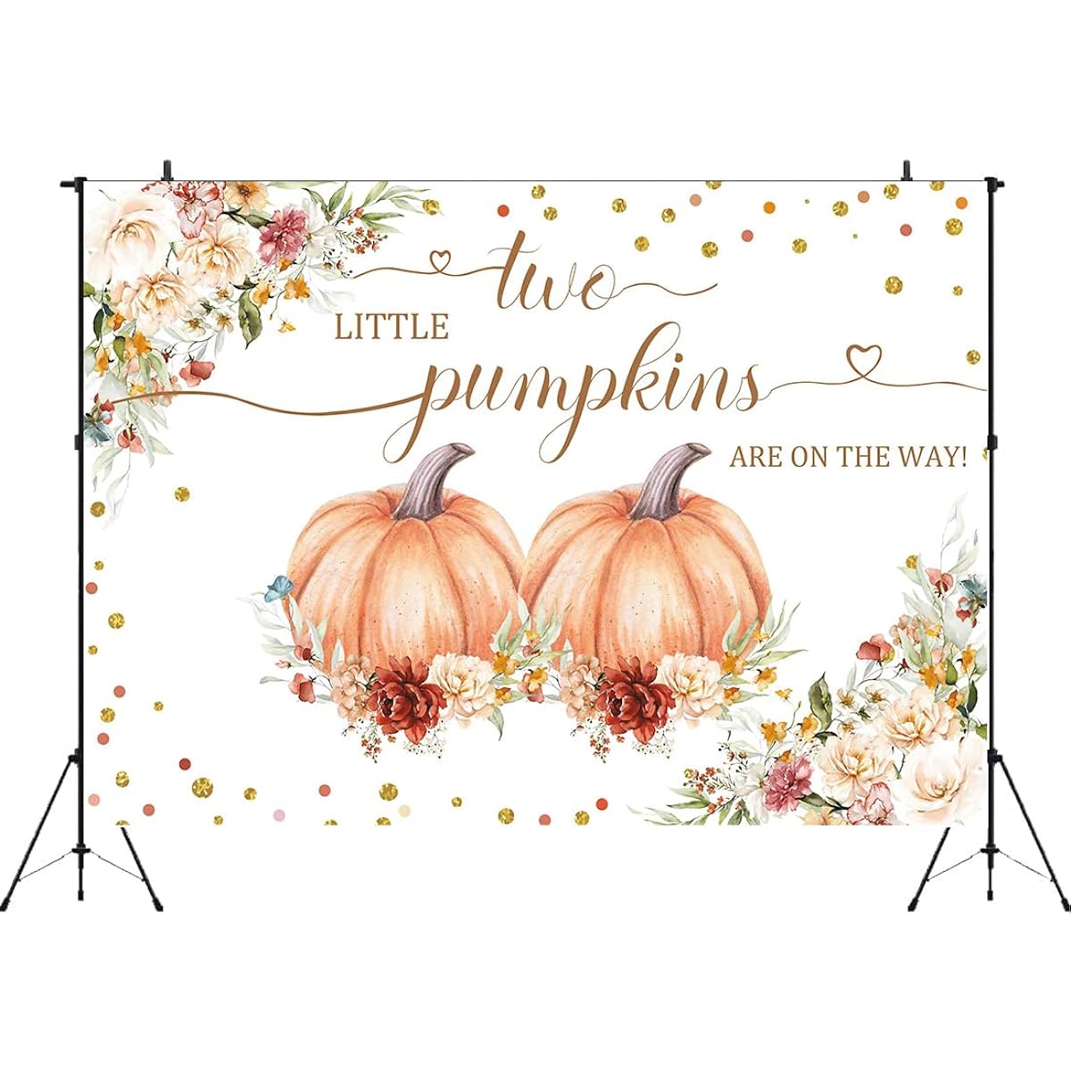 Hilioens 7x5ft Autumn Pumpkin Twins Baby Shower Backdrop with Two Small Pumpkins on the Way Girls Boys Baby Shower Photo Backdrop Fall Floral Gold Dots Party Banner Decoration