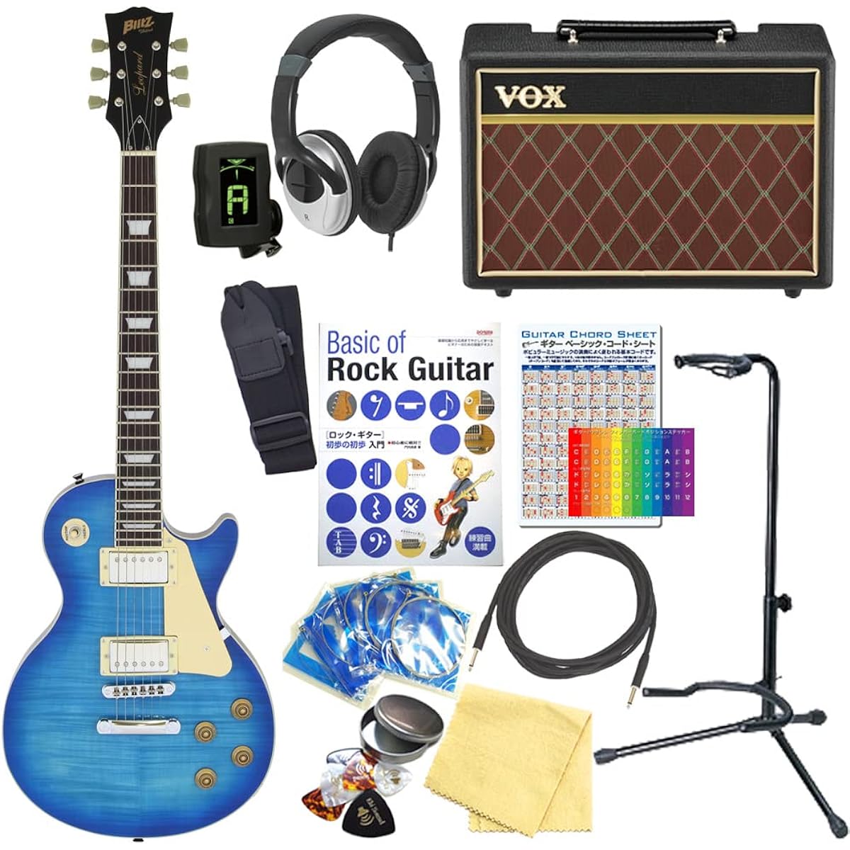 Electric Guitar Beginner Set Les Paul Standard Type 15-piece Set with VOX Amplifier Blitz BLP-450 SBL