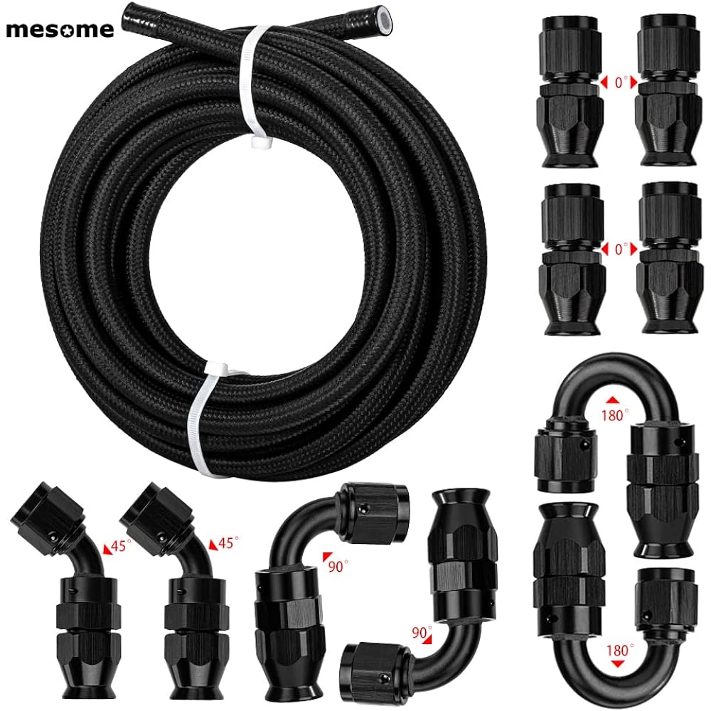 mesome 16' 6AN 3/8" Nylon Stainless Steel Braided PTFE E85 Tube Transmission Gas Oil Fuel Line Universal Fitting Kit